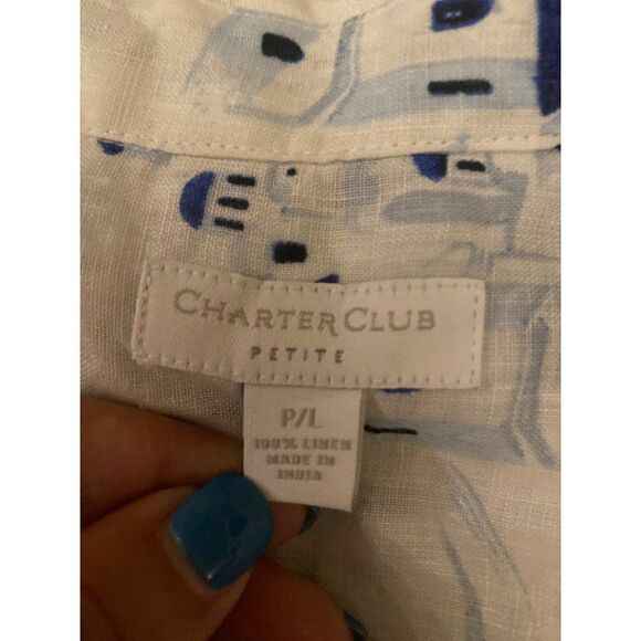Charter Club women white rolled sleeve pattern linen button down collared top PL - Picture 9 of 9